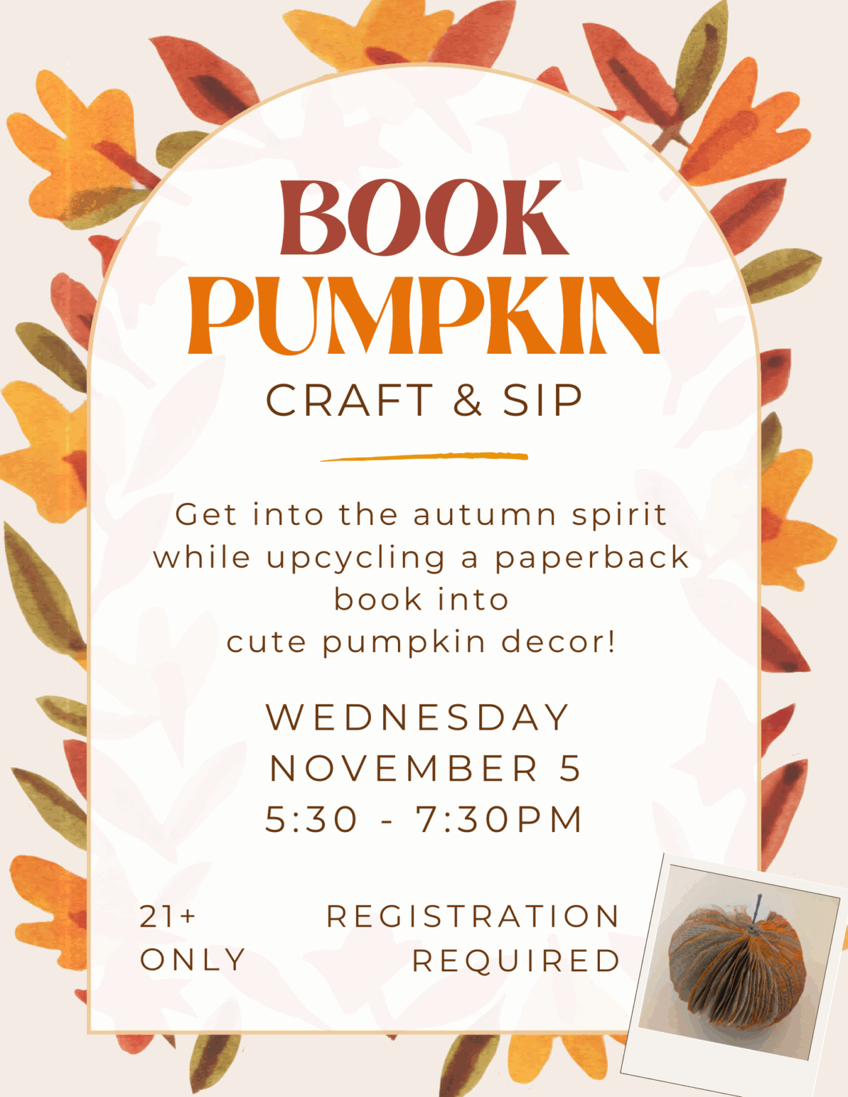book pumpkin craft and sip flyer